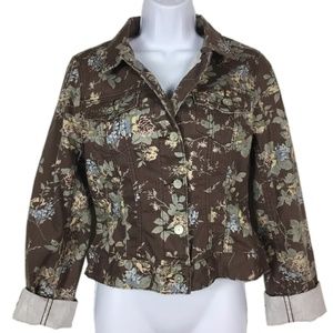Brown Floral Print Denim Type Jacket Size L NWT